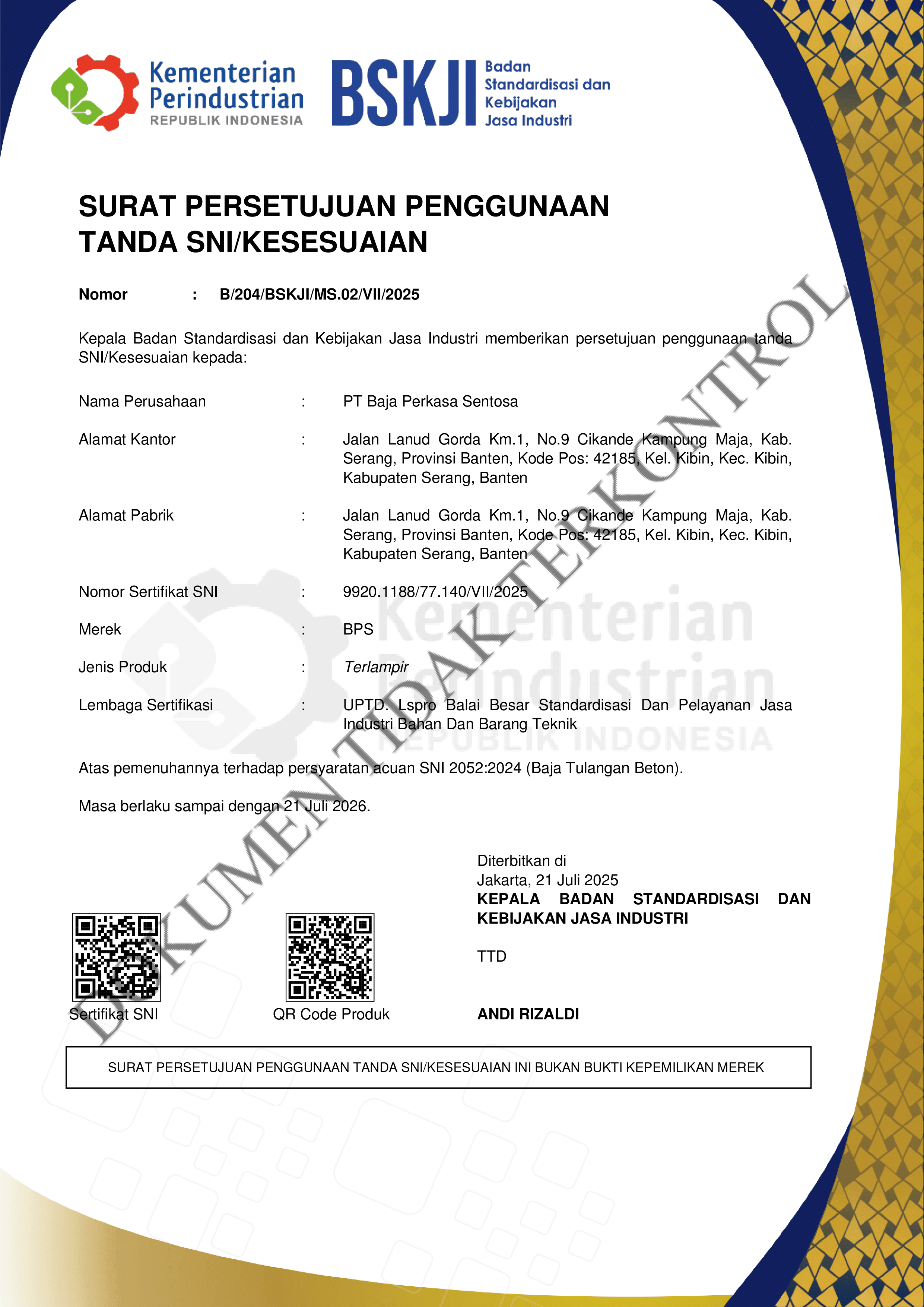 certificate Sertifikat SNI BPS 3