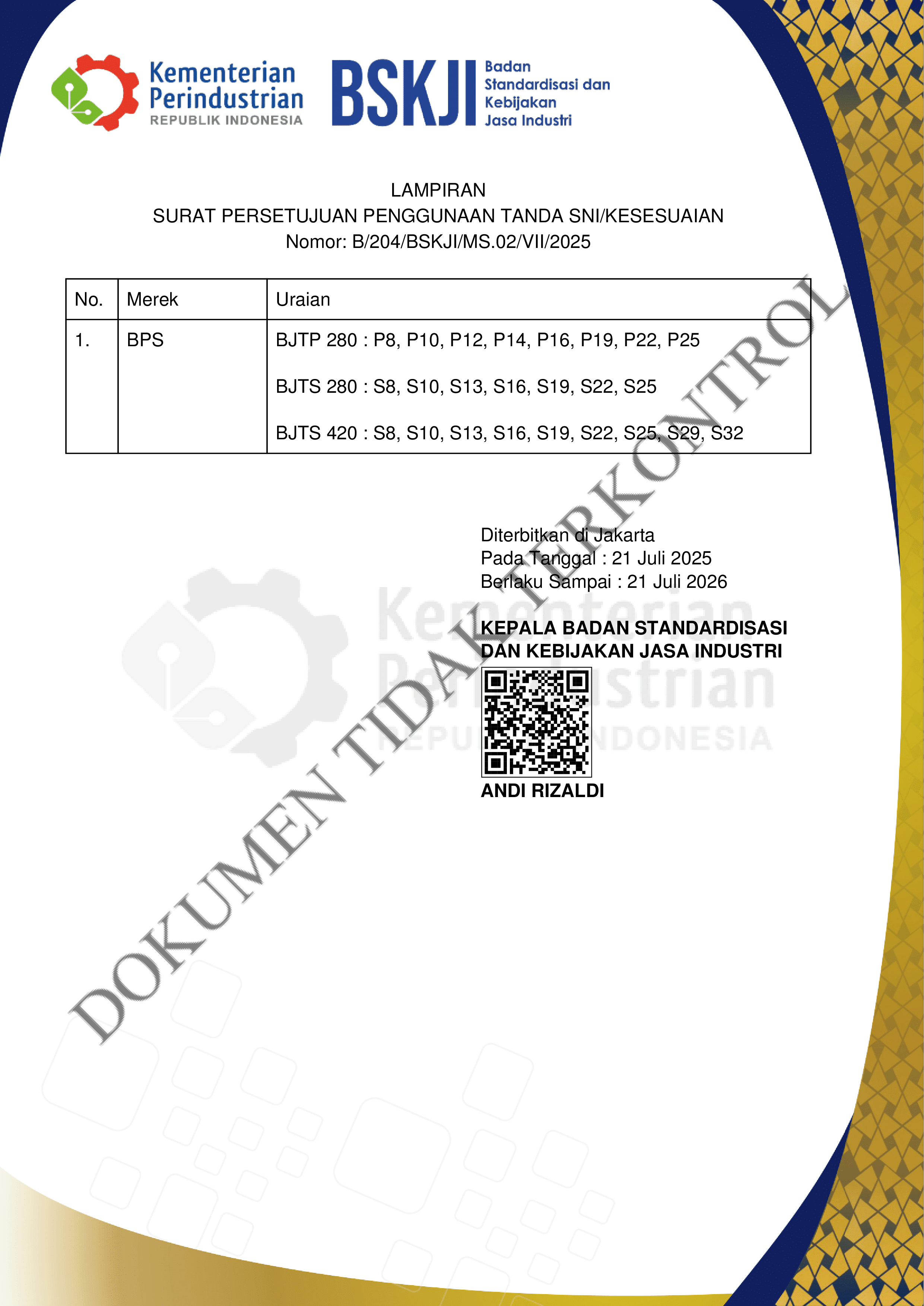 certificate Sertifikat SNI BPS 4